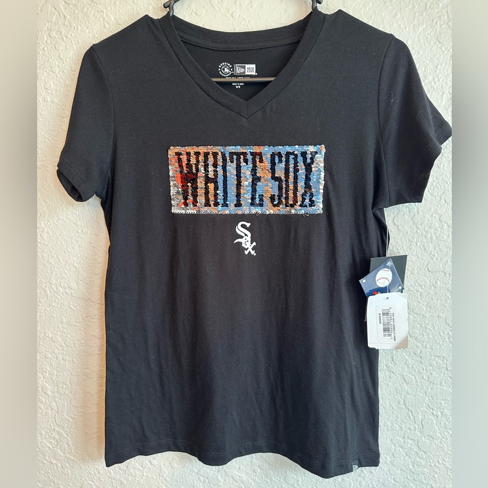 Girls XL 14 16 Chicago White Sox NEW ERA Black Flip Sequin V Neck T-Shirt NWT